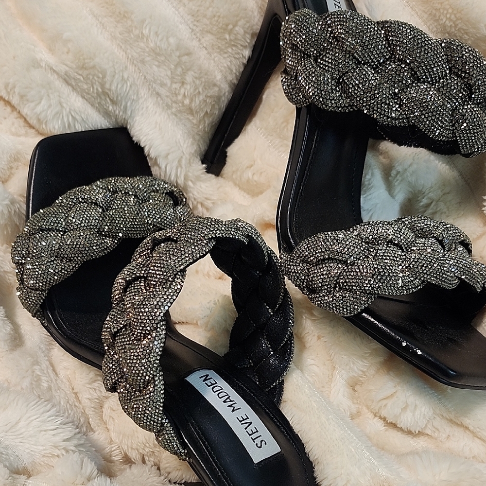 Steve Madden Black Heeled Sandals with Silver Braided Straps